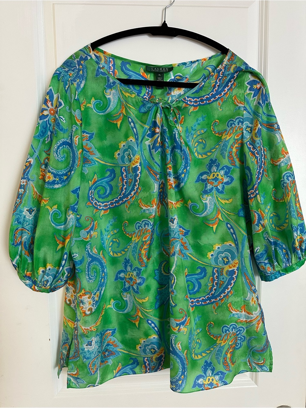 Ralph Lauren Silk Green Paisley Peasant Blouse Sz XL